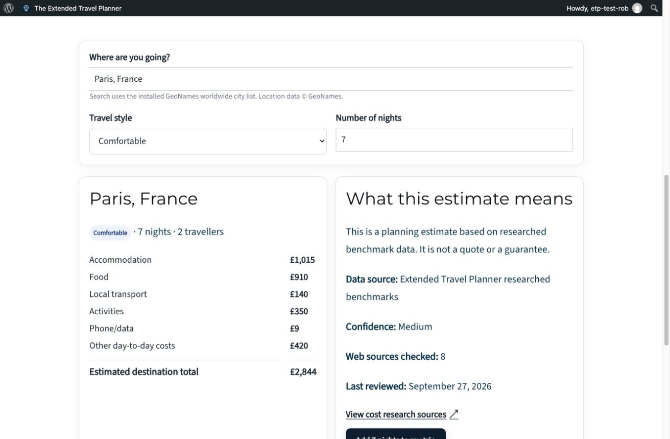 Cost estimate screen with demonstration trip data