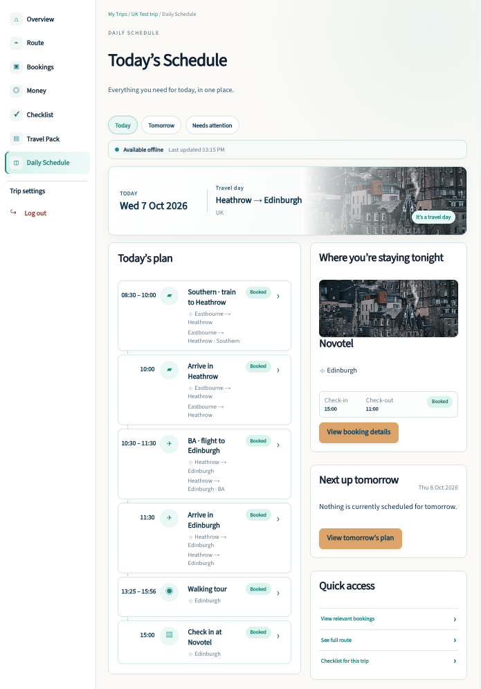 Daily Schedule showing the day's travel, activities and hotel check-in