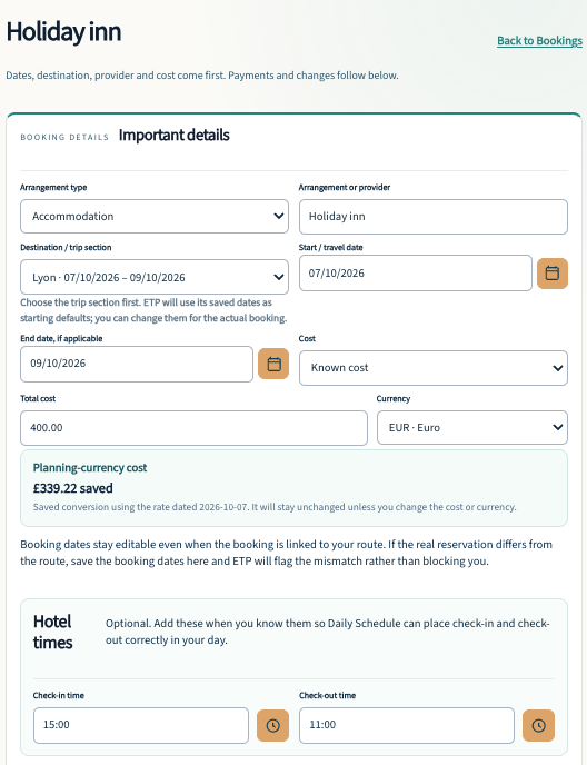 Booking details showing original currency and planning-currency cost