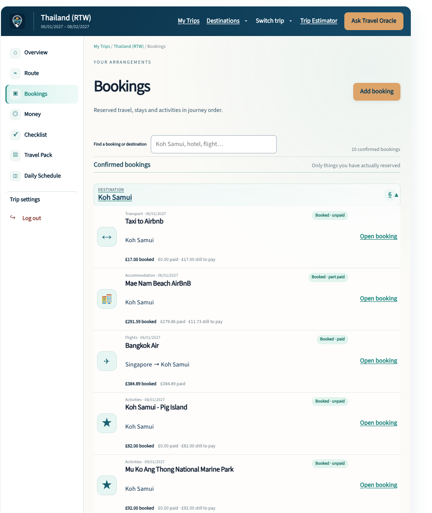 My Bookings showing confirmed travel arrangements