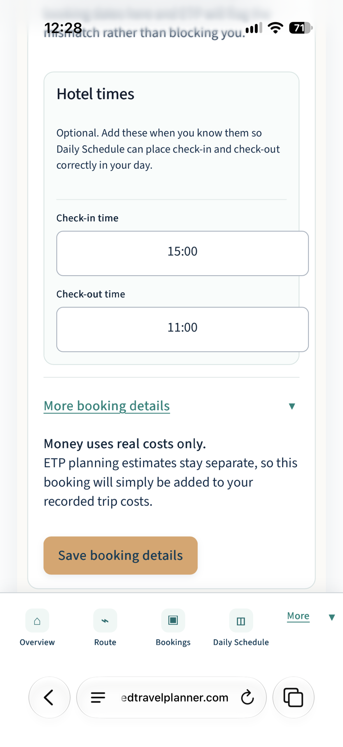 Mobile view of saved booking details available offline